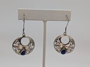 Vintage 925 Sterling Silver Handmade Earrings Scrollwork With Lapis Stone...